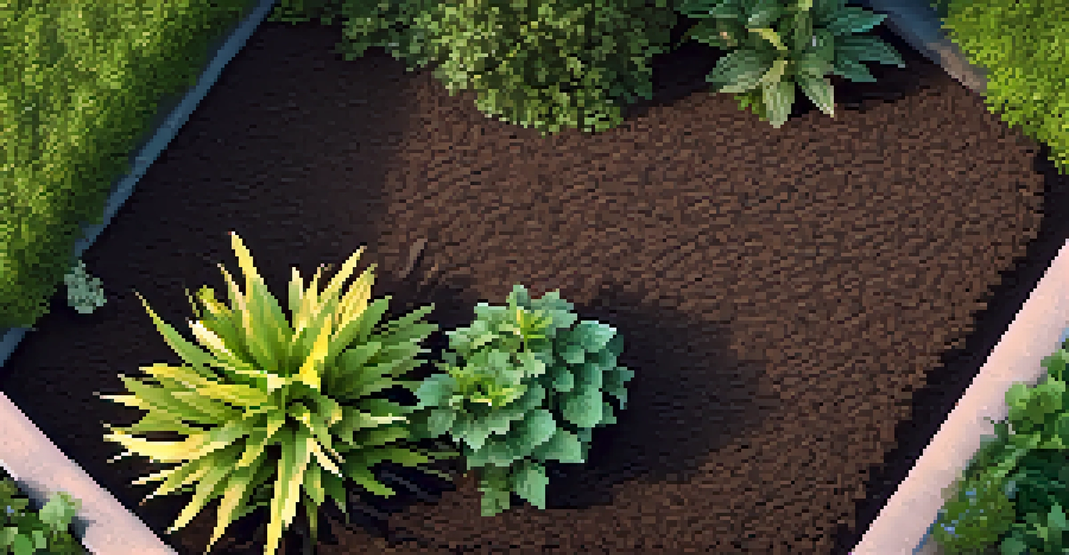 An overhead view of a garden bed covered with dark brown organic mulch and healthy green plants.