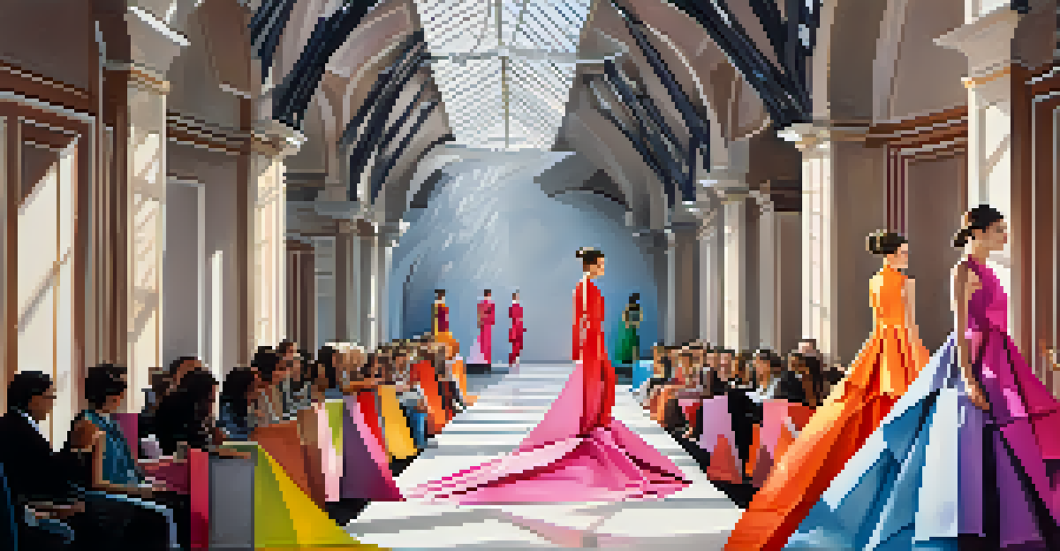 Models on a runway wearing origami-inspired fashion with intricate folds and vibrant colors in a modern setting.
