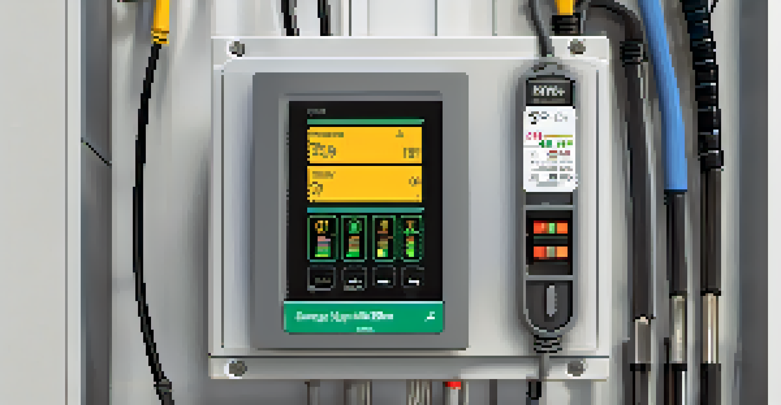 A close-up of an energy monitoring device showing metrics near an electrical panel in a utility area.