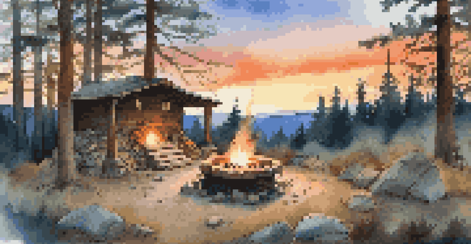 A fire pit with stones and a rustic shelter in a forest during dusk, surrounded by warm light from the fire.