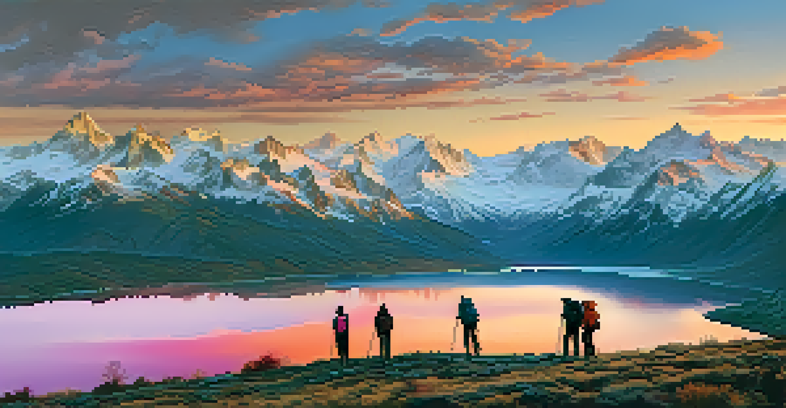 Silhouetted hikers enjoying a sunset view over snow-capped mountains, with vibrant orange and pink colors in the sky.