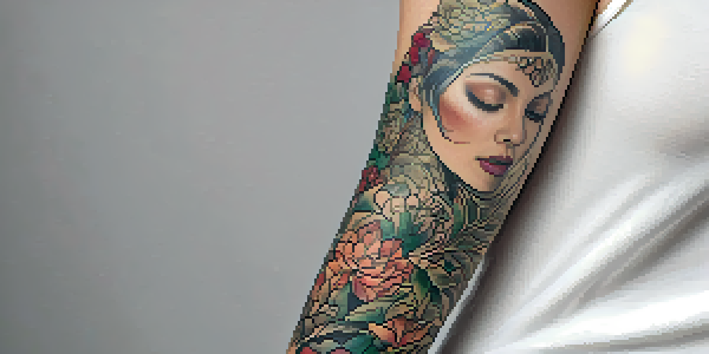A detailed close-up of a floral tattoo on a forearm, with vibrant colors and natural skin tones, illuminated by soft light.