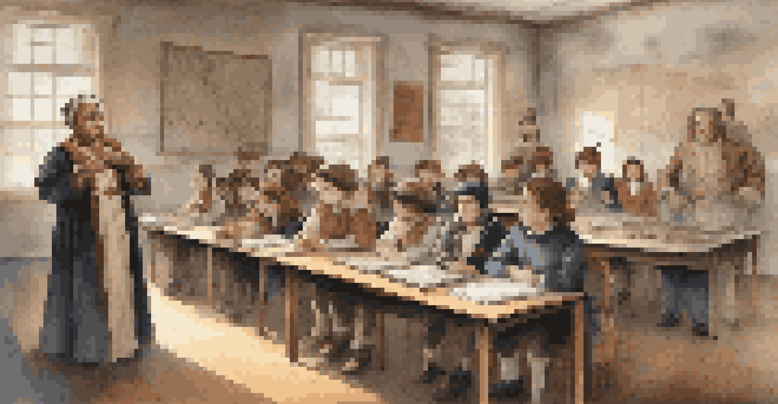 Students participating in a historical reenactment in a classroom, dressed in costumes and engaged with a teacher guiding the activity.
