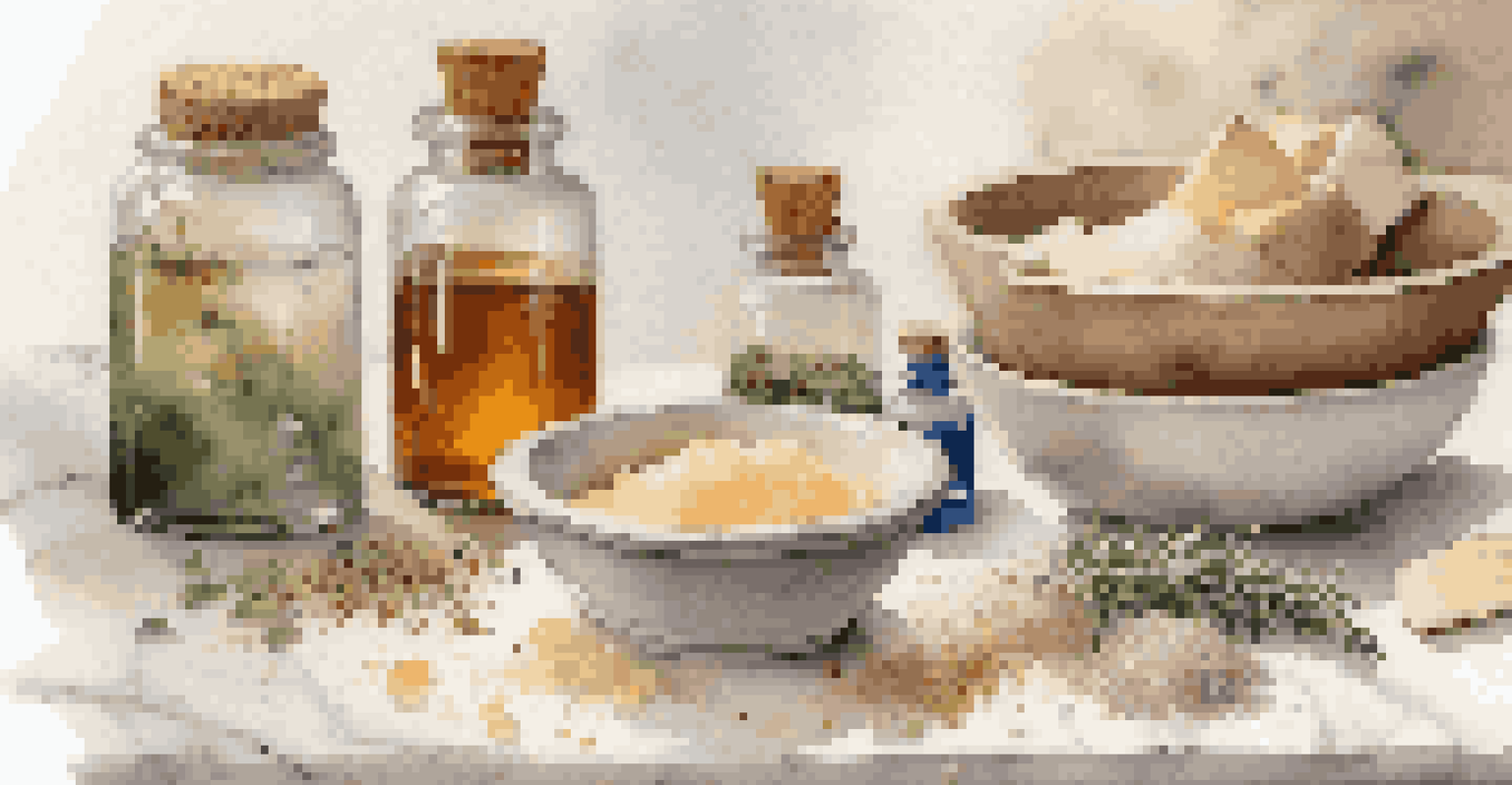 An artistic arrangement of natural soap-making ingredients like sugar, sea salt, and dried herbs on a marble countertop.