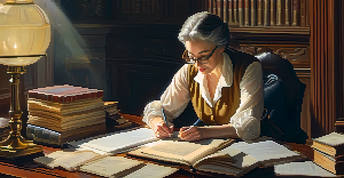 A historian at a desk with books and documents, writing notes under a warm lamp light.