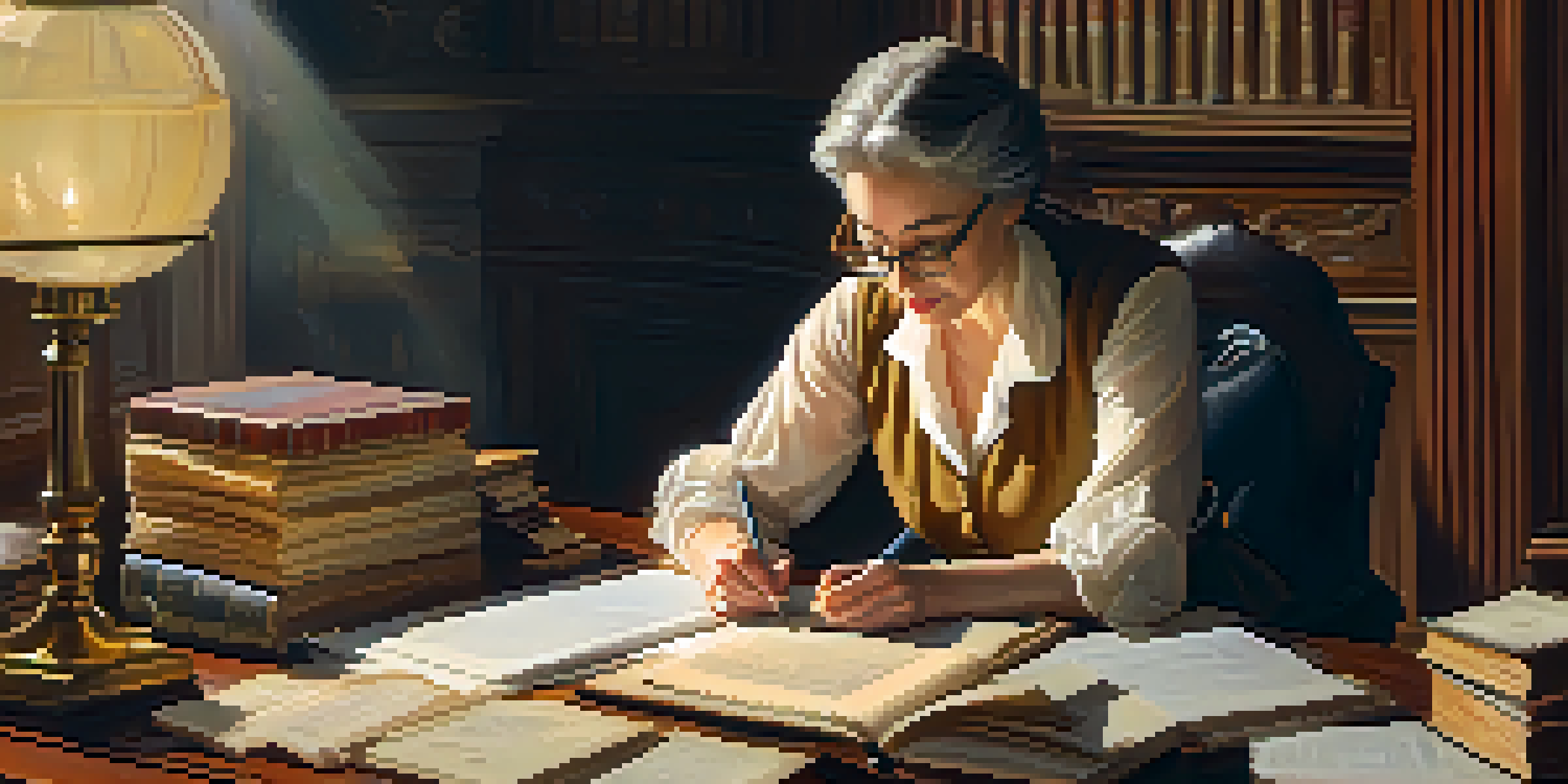 A historian at a desk with books and documents, writing notes under a warm lamp light.