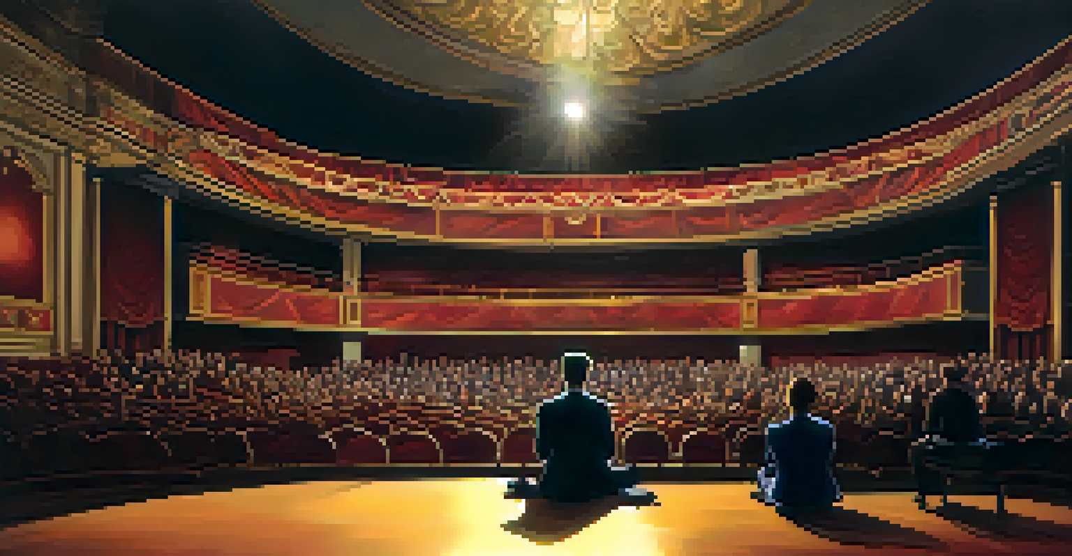 An empty theater stage after a performance, with a few audience members in quiet contemplation, illuminated by soft lighting.