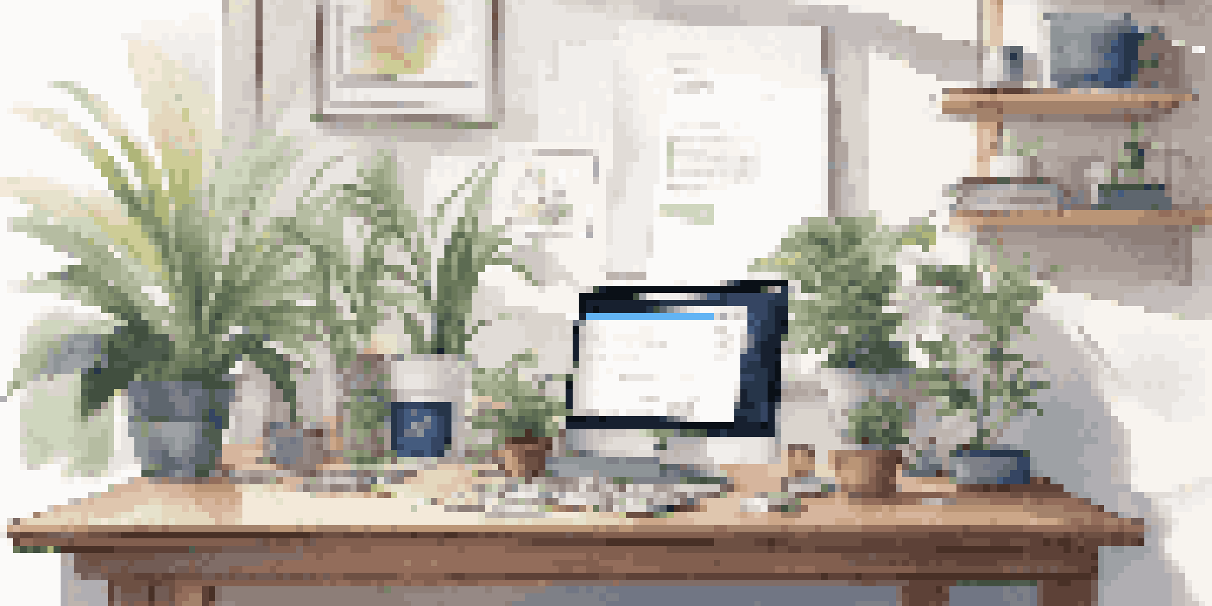 A modern workspace with a computer displaying colorful CSS code, a plant, a notebook, and a coffee mug, illuminated by soft natural light.