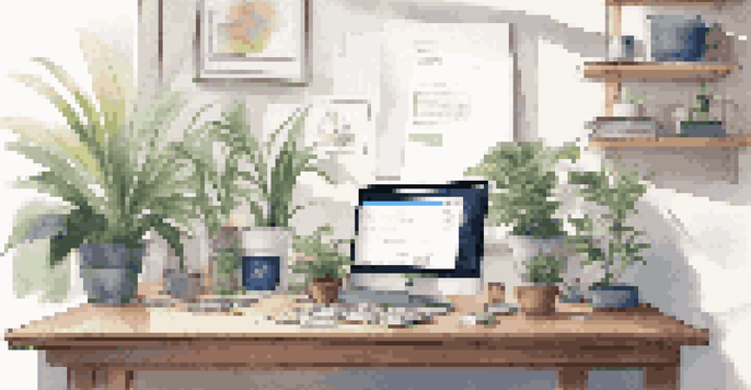 A modern workspace with a computer displaying colorful CSS code, a plant, a notebook, and a coffee mug, illuminated by soft natural light.