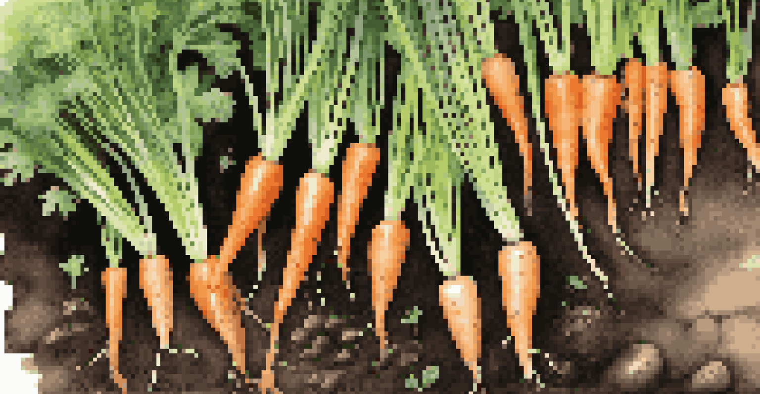 A close-up of carrots and onions growing together in a garden bed, with ladybugs on dill plants in the background.