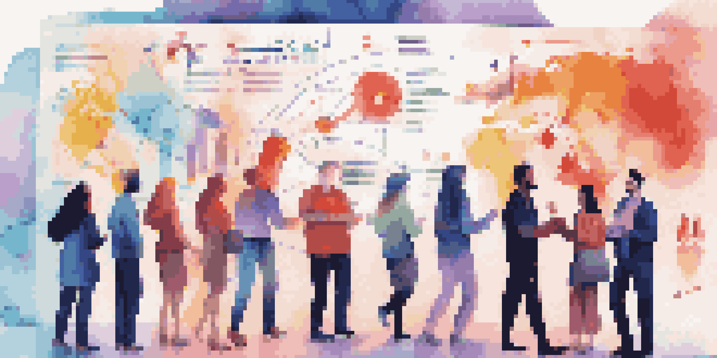 A diverse group of people interacting with a colorful infographic that breaks down complex information, set against an abstract and vibrant background.