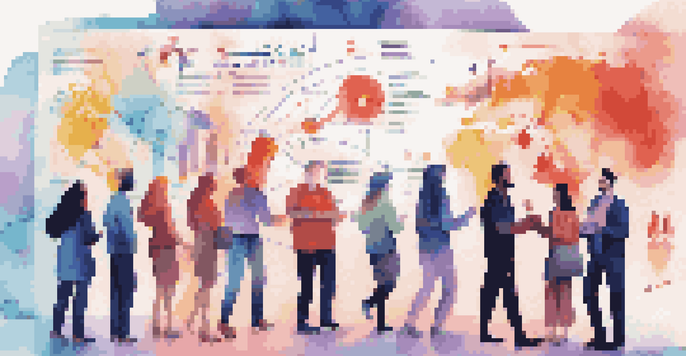 A diverse group of people interacting with a colorful infographic that breaks down complex information, set against an abstract and vibrant background.