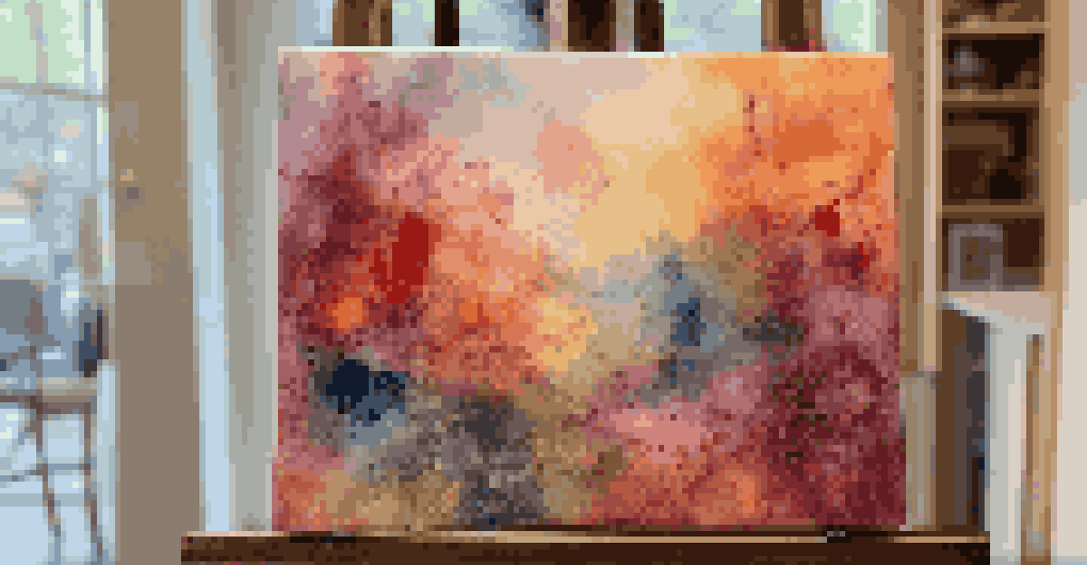 A completed abstract encaustic painting on an easel, showcasing vibrant colors and intricate textures in a blurred background.