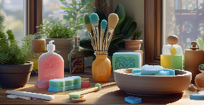 A bright and organized soap sculpting workspace with colorful materials and sketches.