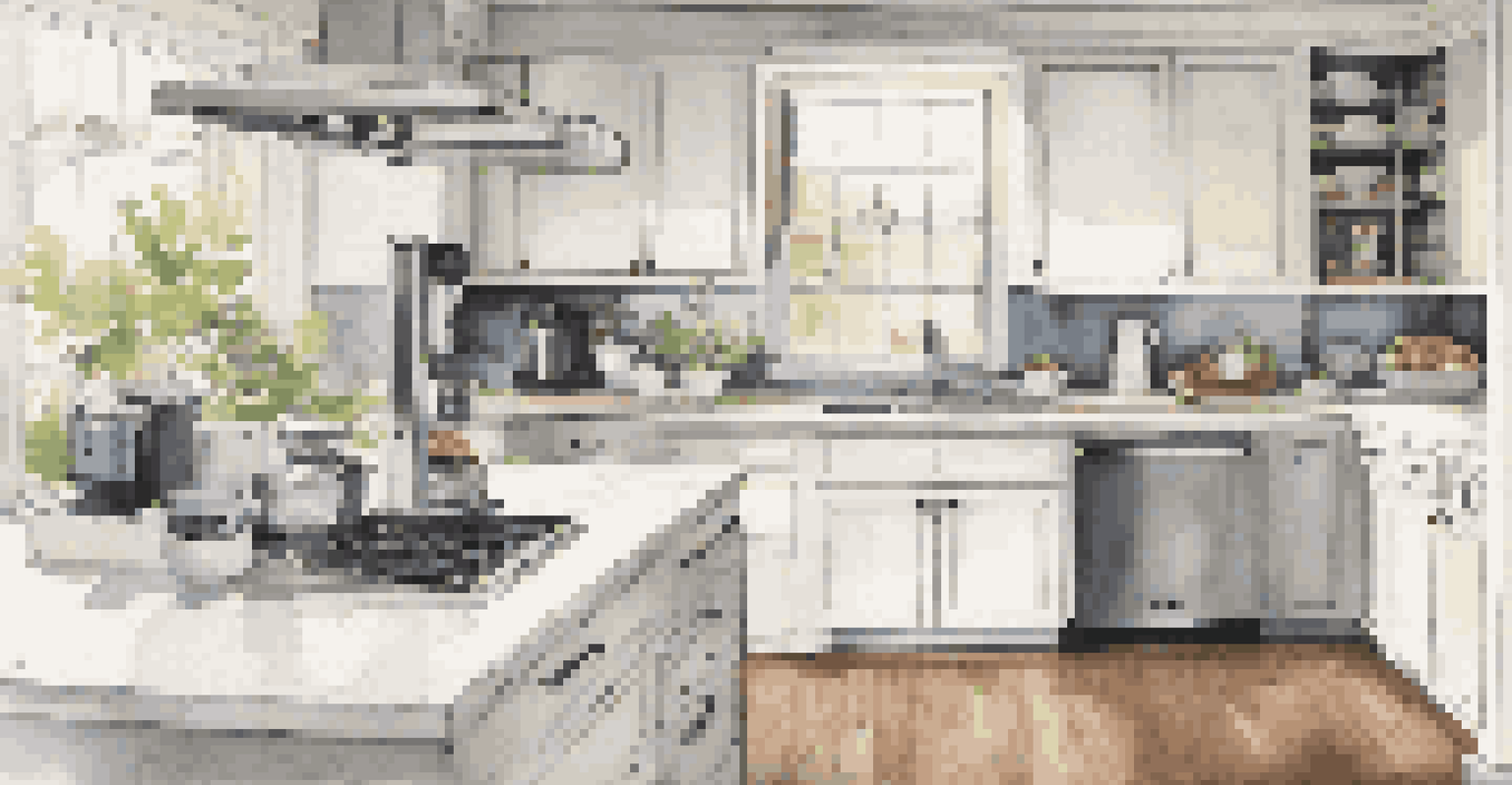 A modern kitchen with a coffee maker connected to a smart plug, showcasing a bright and stylish interior design.