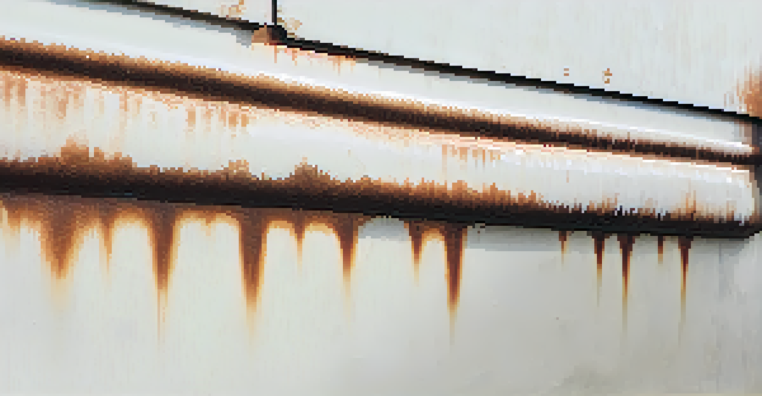 A black and white close-up image of rusted metal against a smooth wall, emphasizing texture and contrast created by side lighting.