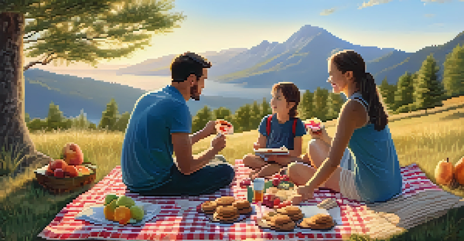 A family celebrating their hiking accomplishments with a picnic in a scenic outdoor setting.