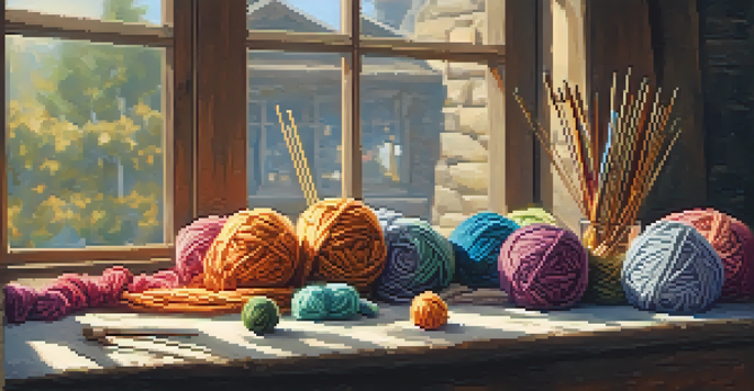 A warm and inviting knitting corner with colorful yarn balls, knitting needles, and a partially finished scarf on a wooden table illuminated by sunlight.