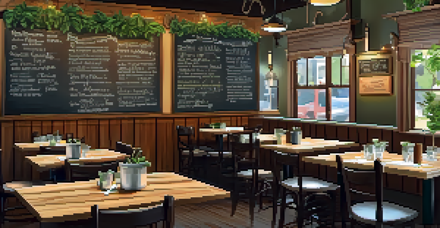 A charming local eatery with wooden furniture, hanging plants, and a chalkboard menu, featuring warm lighting that creates a cozy atmosphere.