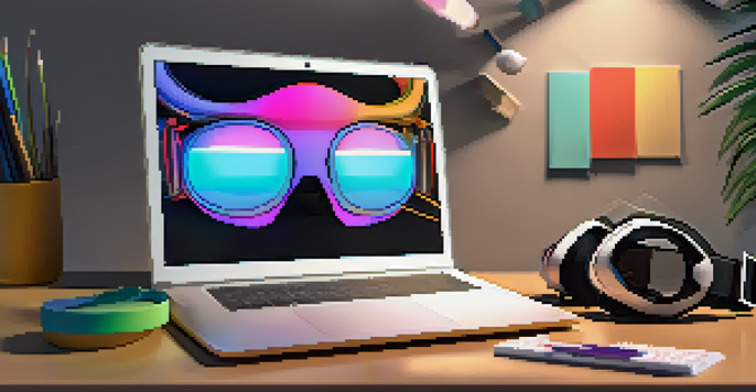 A virtual reality headset on a desk next to a laptop with 3D modeling software, surrounded by sketches and a notepad in a warmly lit room.