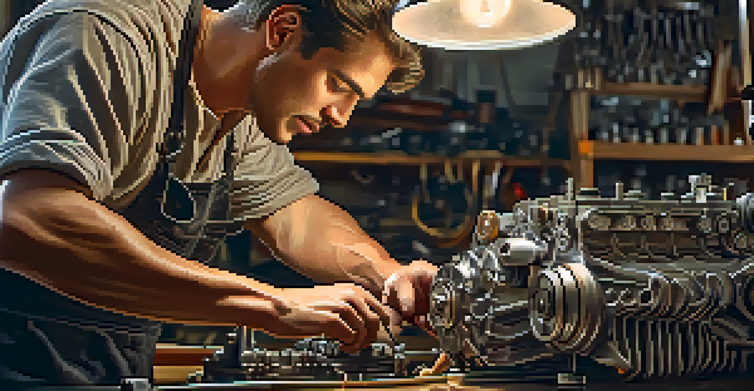 A skilled craftsman working on a vintage car engine in a well-lit workshop, highlighting the intricate details of the engine.