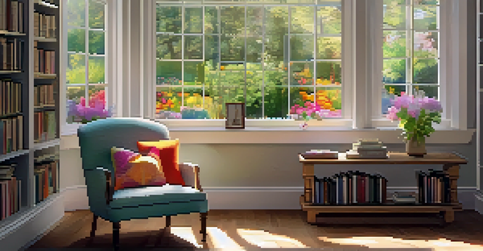 A cozy reading nook with a large window and a view of a colorful garden, featuring a plush armchair and a table filled with books, illuminated by warm sunlight.