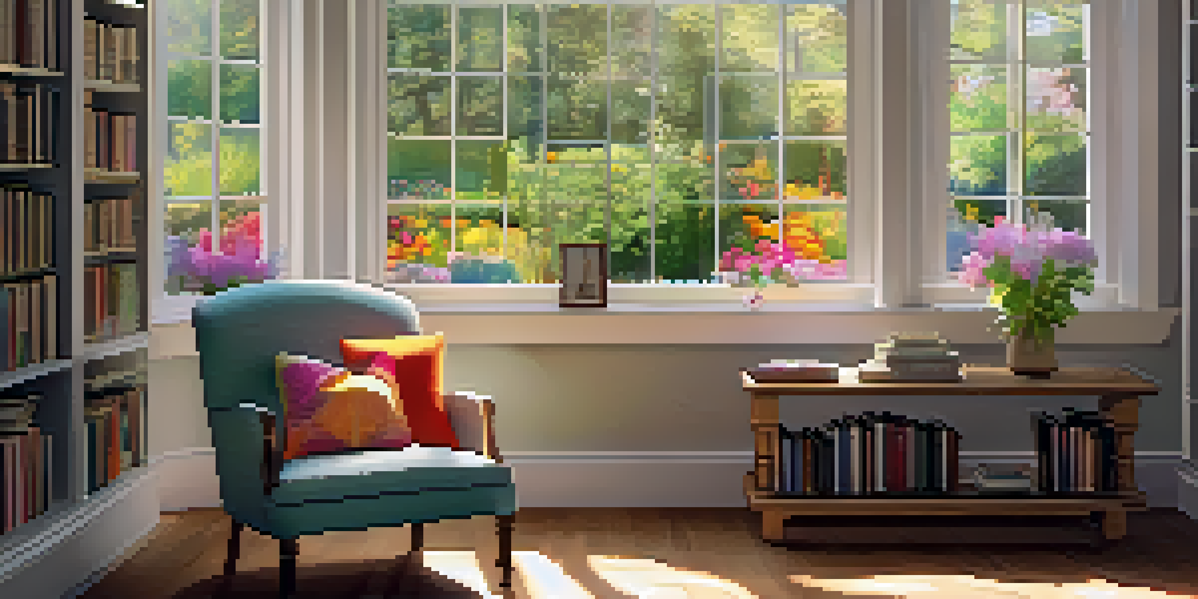 A cozy reading nook with a large window and a view of a colorful garden, featuring a plush armchair and a table filled with books, illuminated by warm sunlight.