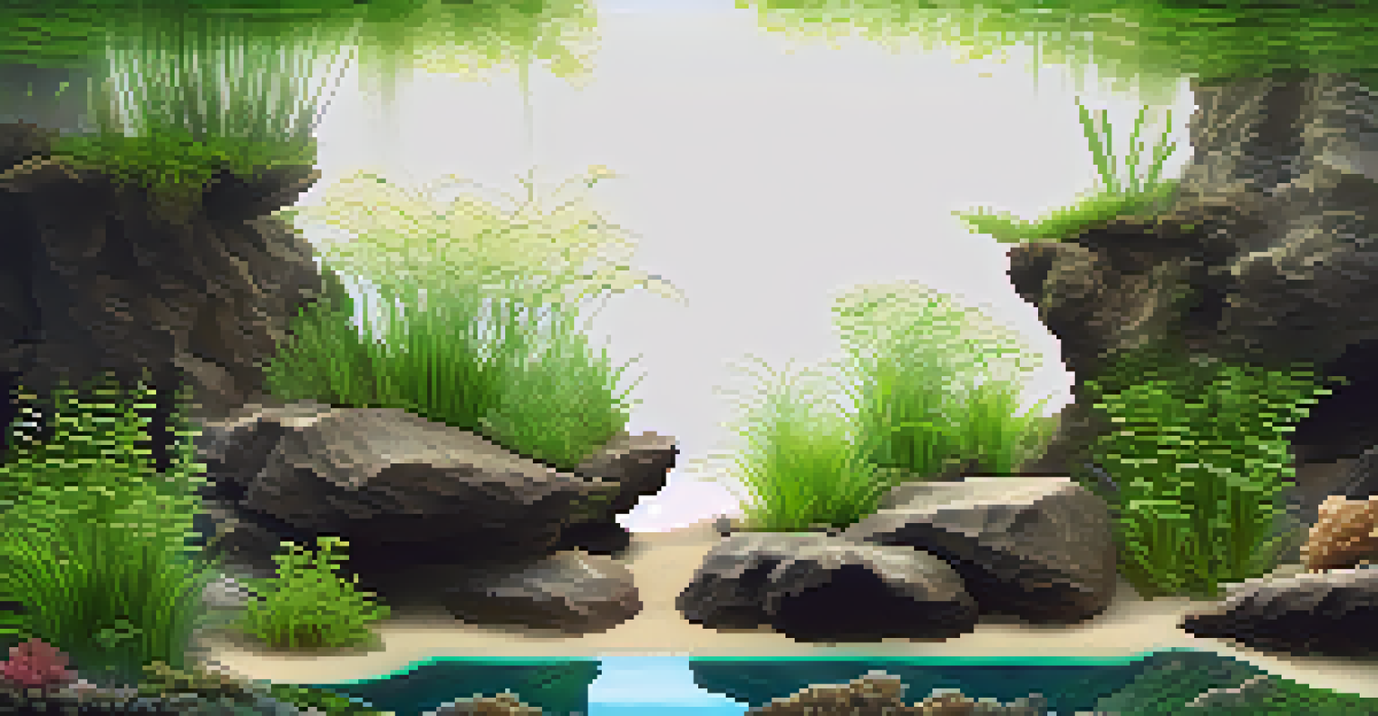 A close view of an aquascape with layered substrates, rocks, driftwood, and healthy plants.