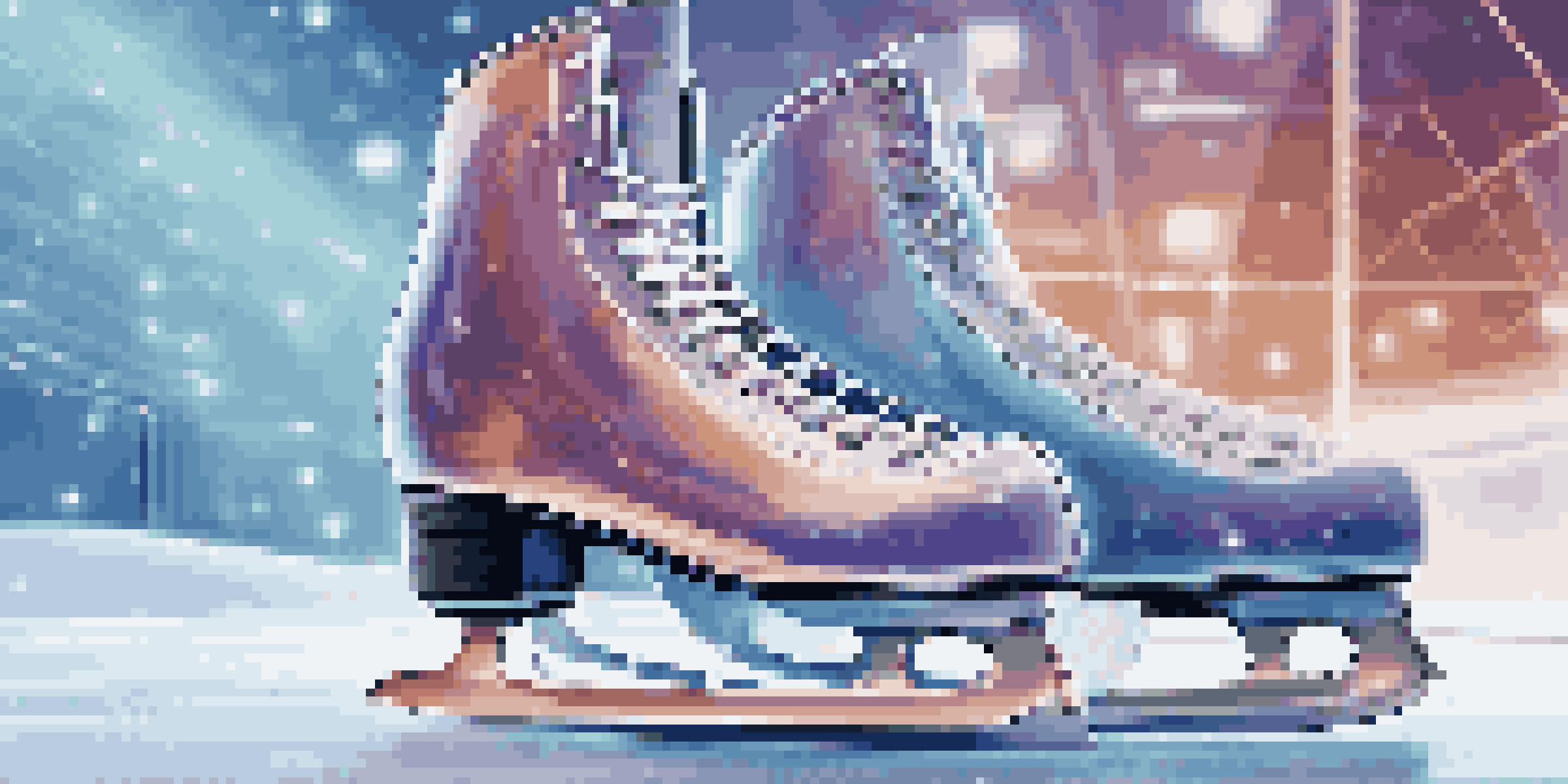 A detailed view of modern ice skates with sensors on a smooth ice surface, illuminated by soft lighting.