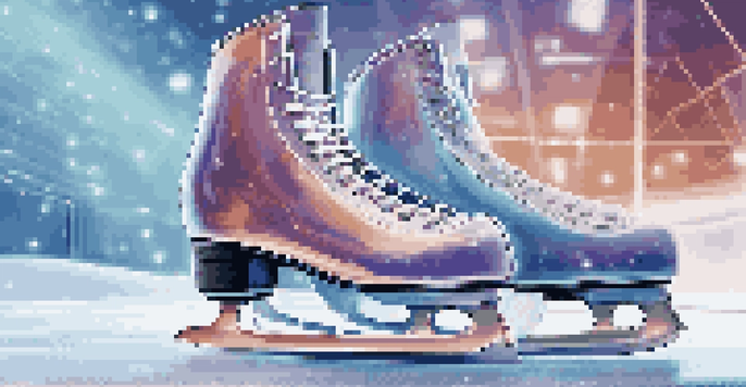 A detailed view of modern ice skates with sensors on a smooth ice surface, illuminated by soft lighting.