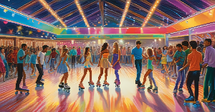 A lively indoor roller skating rink with diverse skaters enjoying the activity under colorful disco lights.