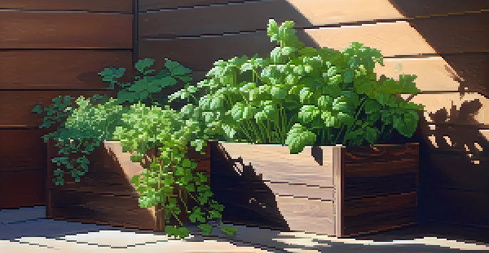 A colorful herb garden filled with fresh basil, parsley, and cilantro in a wooden planter, illuminated by sunlight.