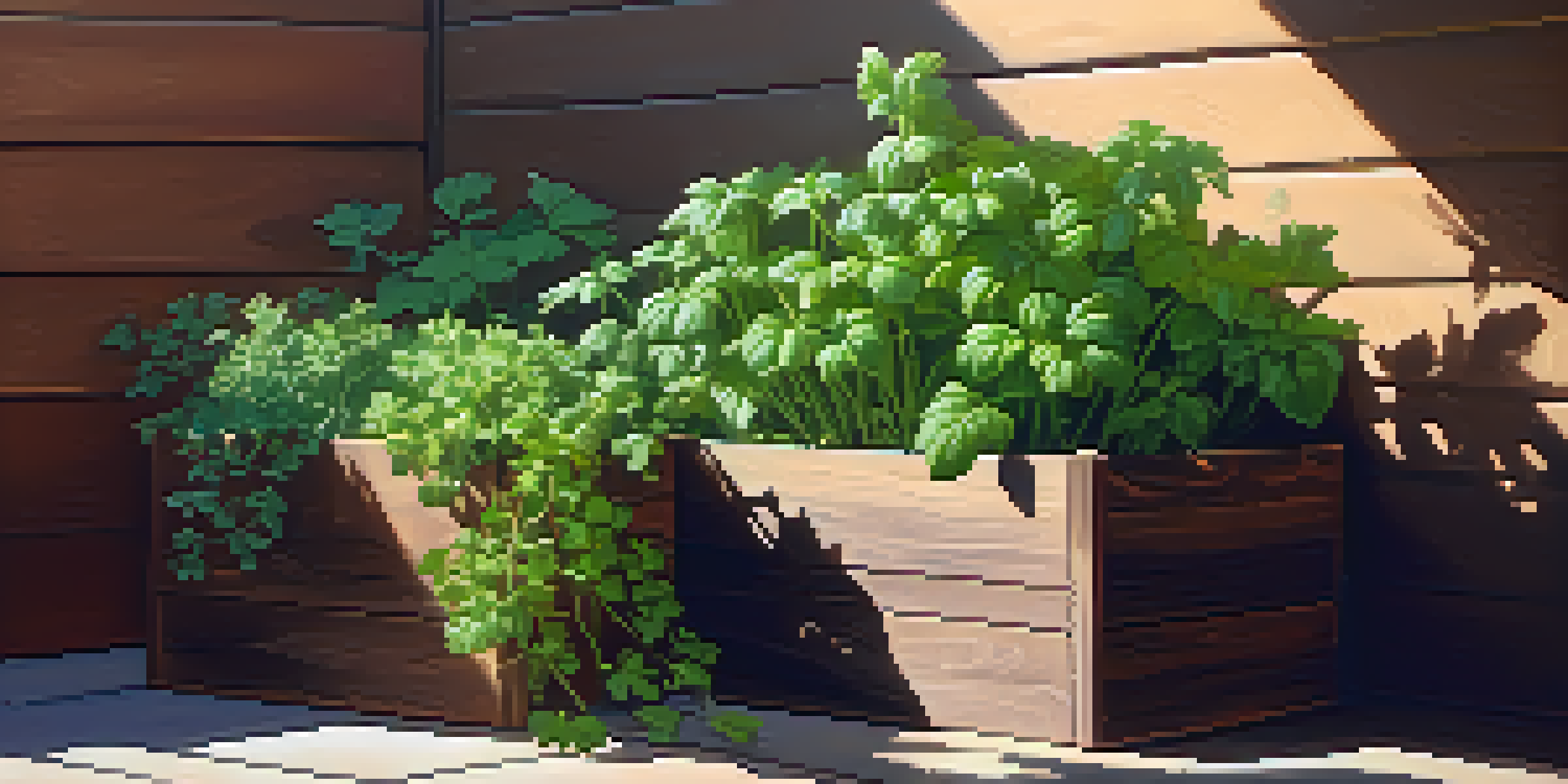 A colorful herb garden filled with fresh basil, parsley, and cilantro in a wooden planter, illuminated by sunlight.