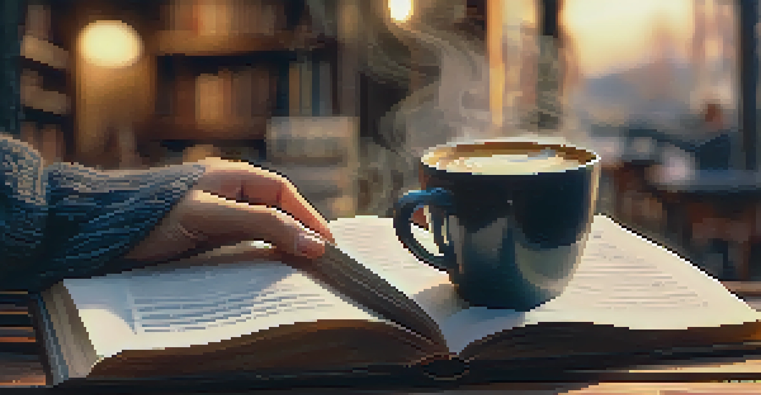 A close-up of hands holding an open book with a steaming cup of coffee on a wooden table, set in a cozy café background.