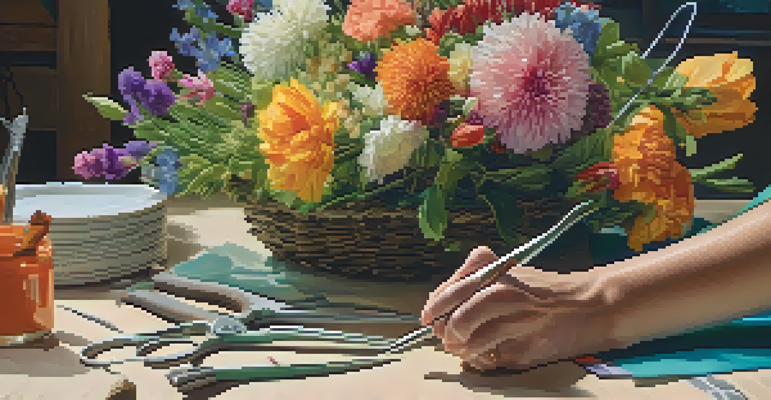 Close-up of hands using garden shears to cut flower stems, surrounded by colorful blooms and crafting tools.