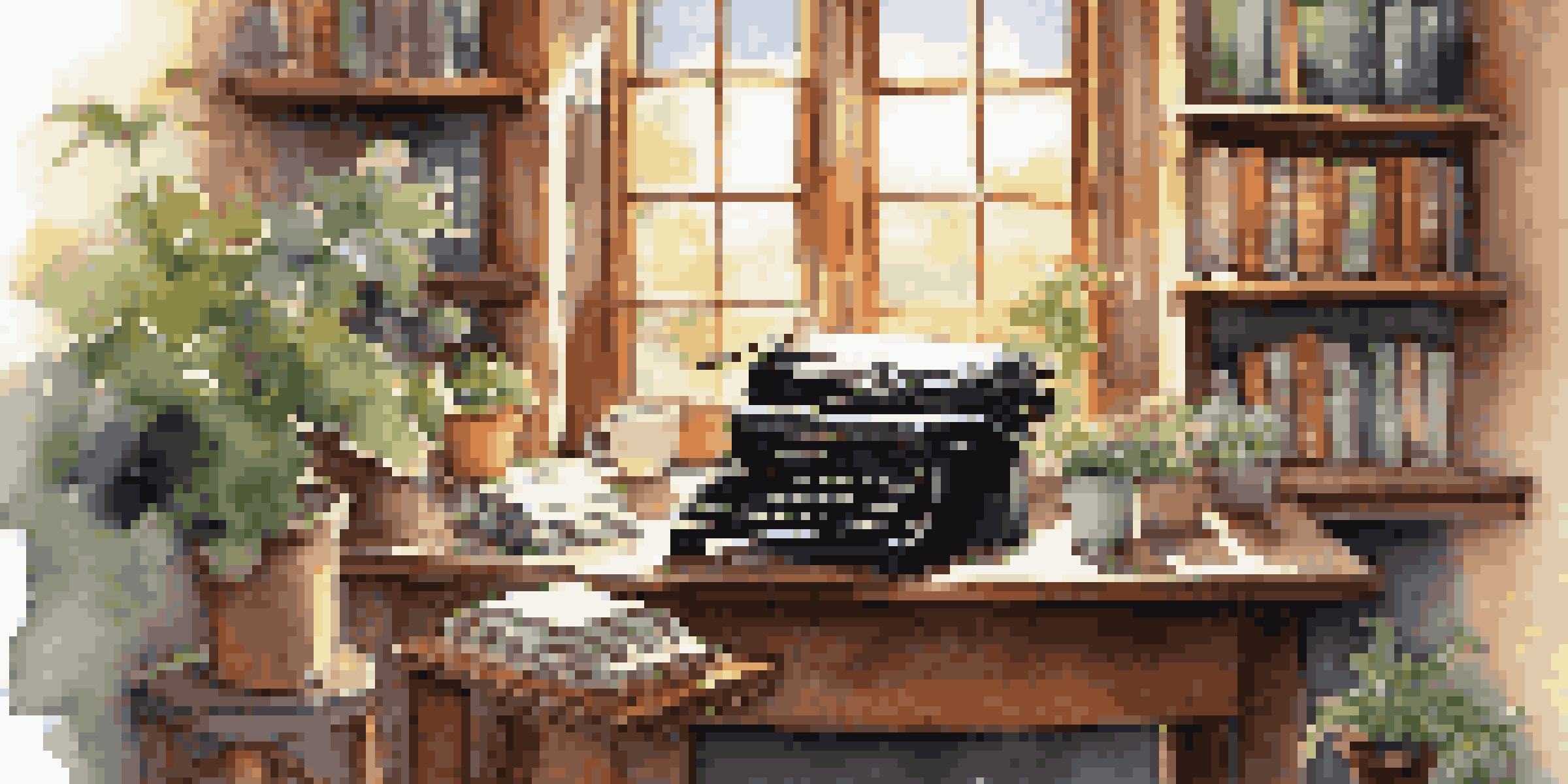 A serene writing nook with a vintage typewriter, scattered papers, bookshelves, and a cup of coffee, illuminated by sunlight.