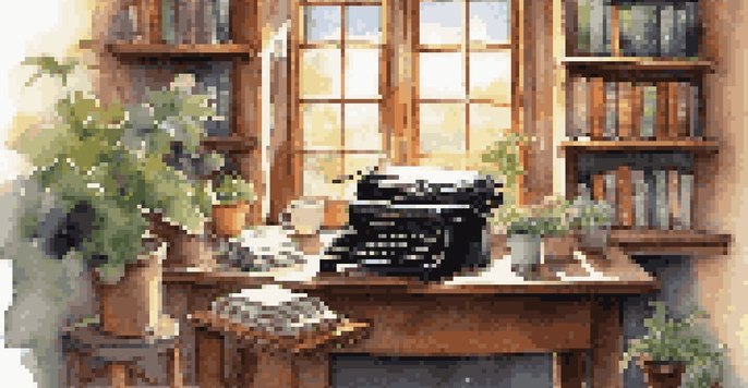 A serene writing nook with a vintage typewriter, scattered papers, bookshelves, and a cup of coffee, illuminated by sunlight.