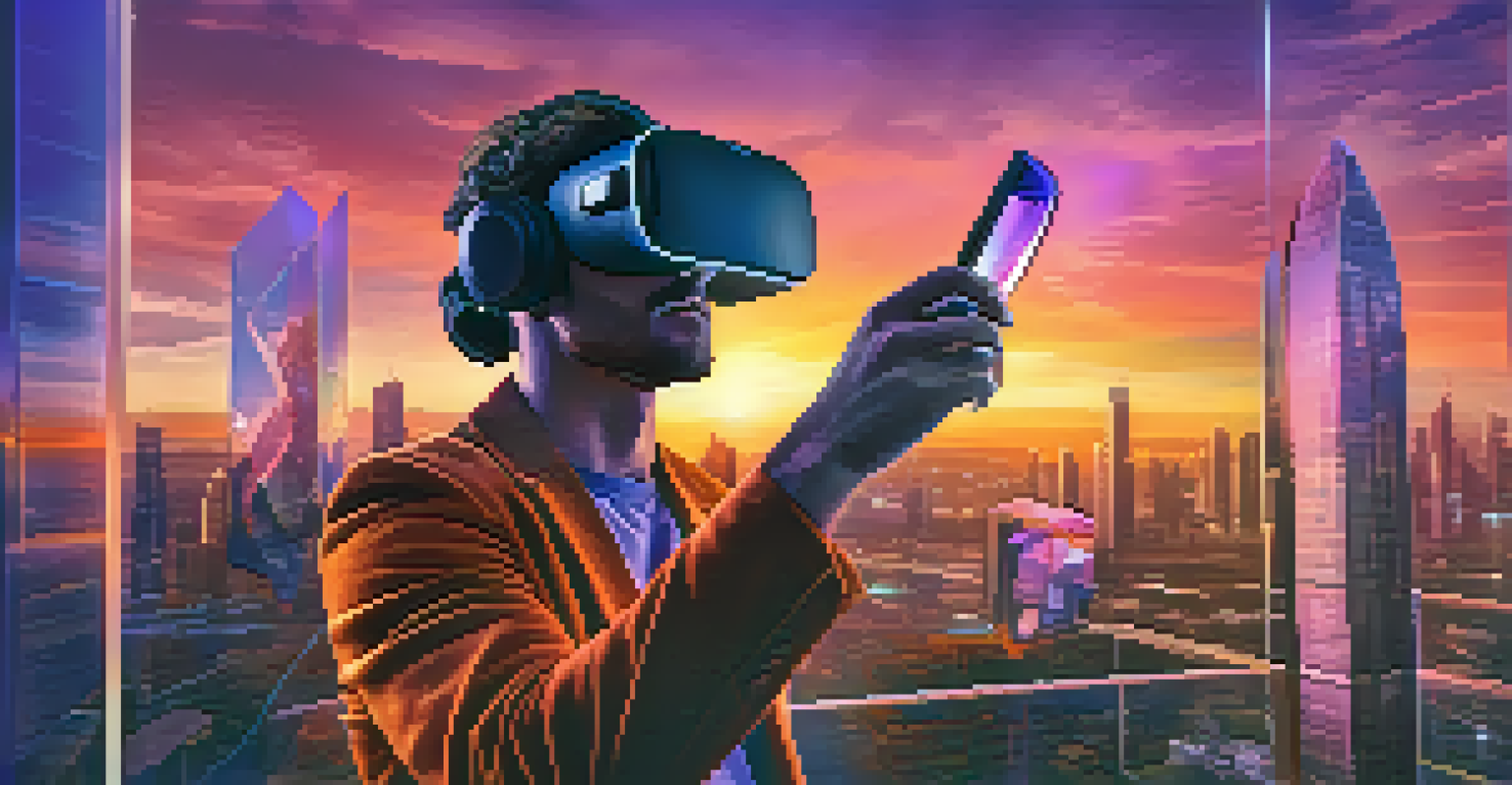 A user in VR reaching out towards a futuristic city skyline at sunset.