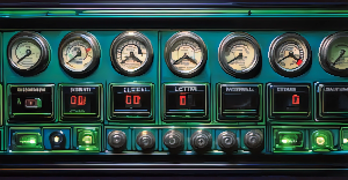 A close-up view of an electric model train control panel with illuminated buttons and digital display.