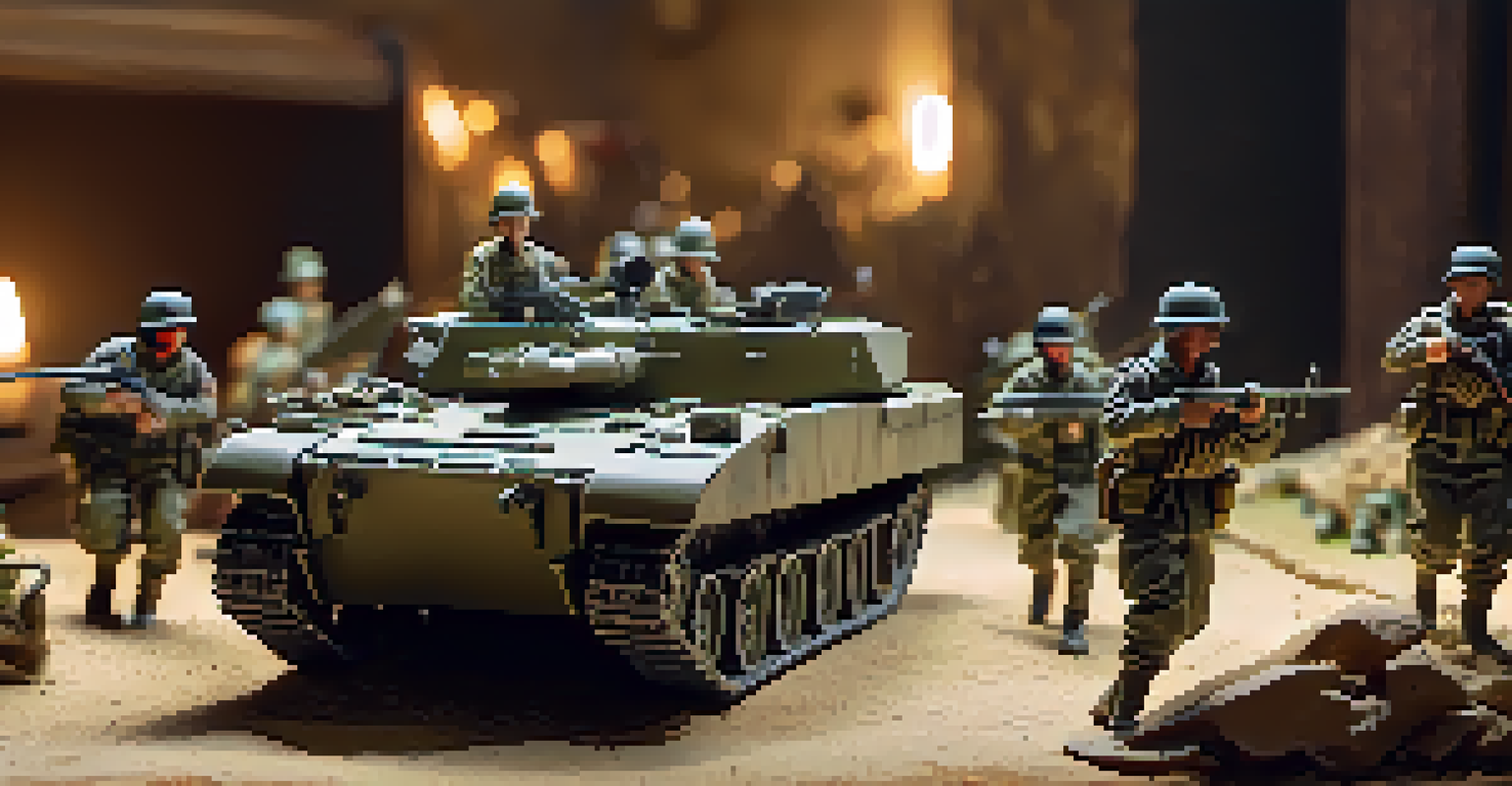 Diorama of a 1:72 scale military scene with soldiers and vehicles in a realistic battlefield.