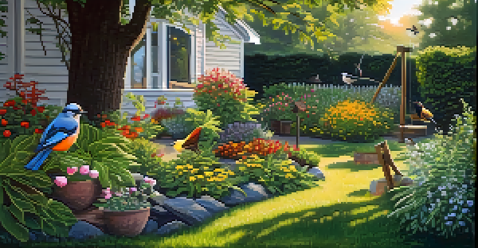 A peaceful backyard filled with native plants, a bird feeder, and a bird bath, with birds enjoying the area under dappled sunlight.