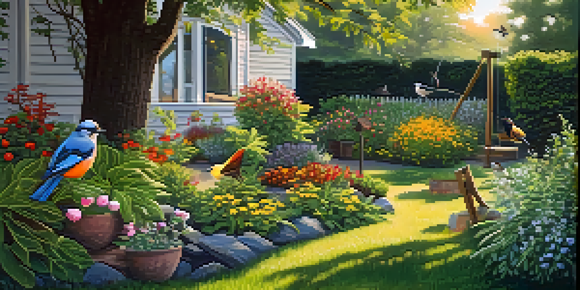 A peaceful backyard filled with native plants, a bird feeder, and a bird bath, with birds enjoying the area under dappled sunlight.