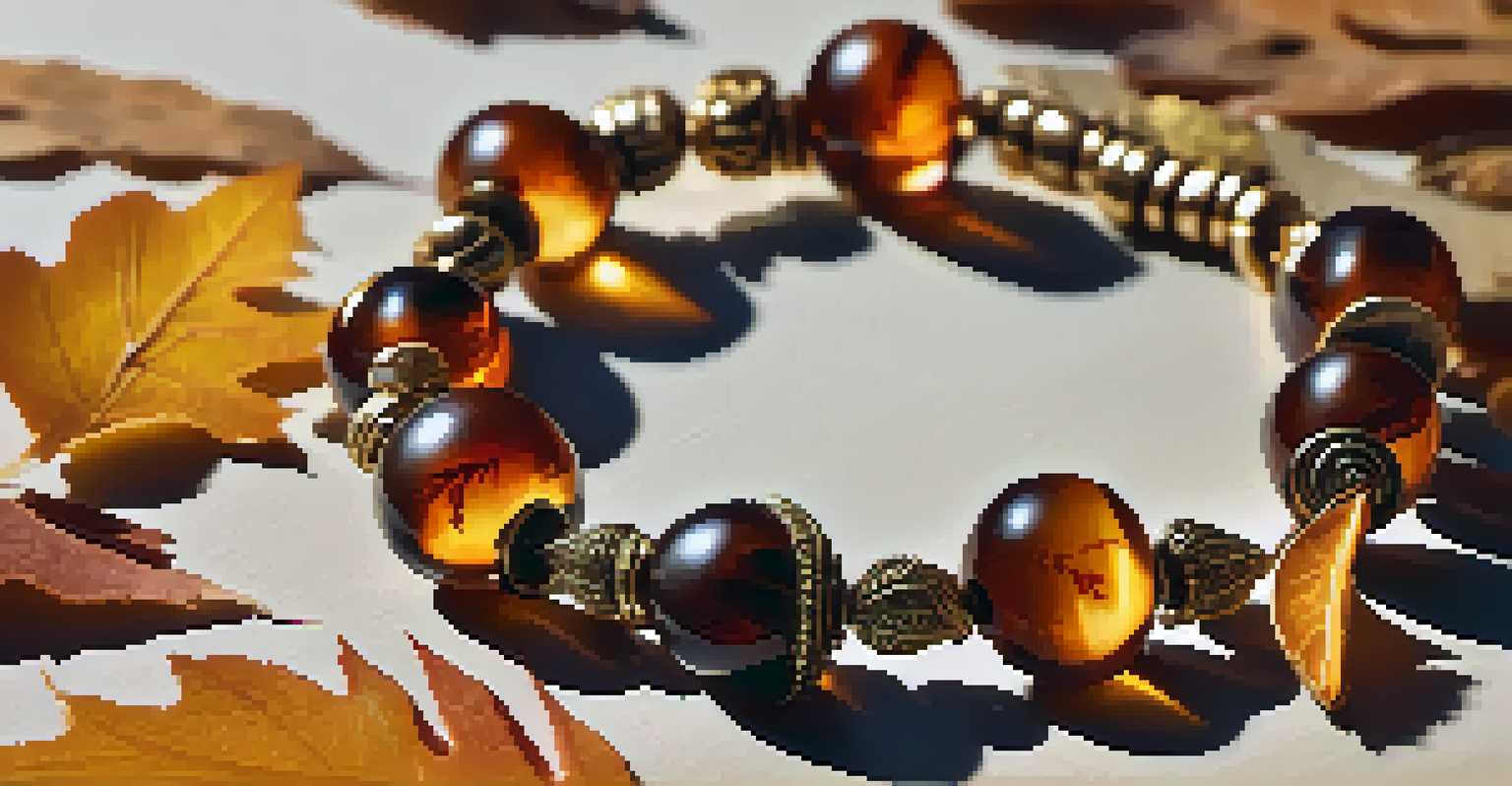 An autumn-inspired bracelet with leaf charms, displayed on fallen leaves under warm golden light, showcasing earthy tones.