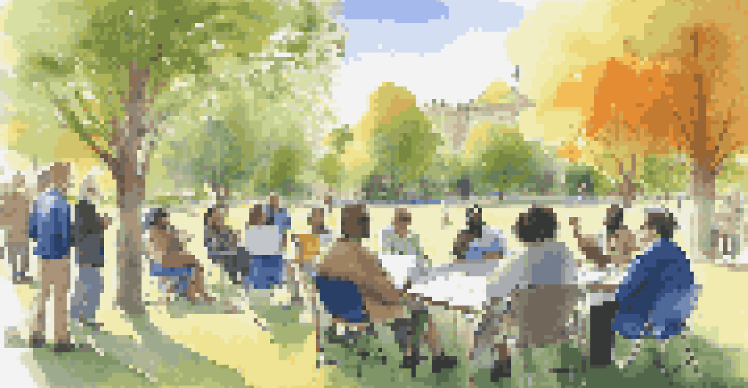 Historians presenting research at an outdoor conference in a sunny park, with people engaged in discussion around a poster board.