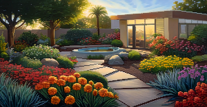 A beautiful garden with native plants, mulch, and a drip irrigation system, illuminated by the warm light of the setting sun.