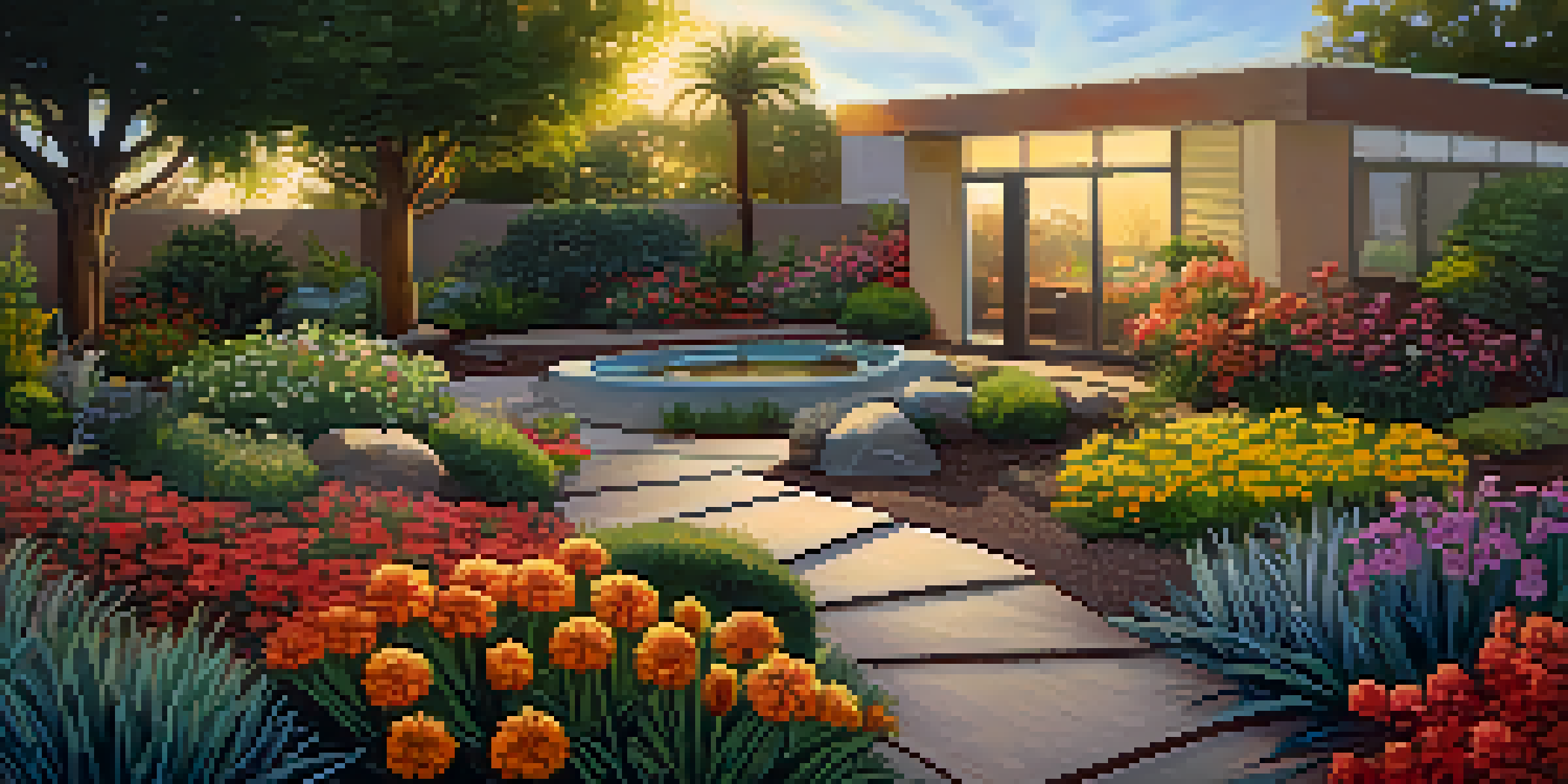 A beautiful garden with native plants, mulch, and a drip irrigation system, illuminated by the warm light of the setting sun.