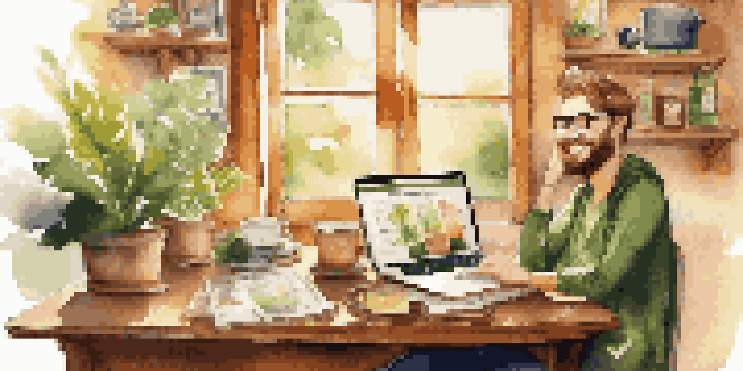A cheerful travel blogger working on a laptop in a cozy café filled with travel books and plants, with sunlight streaming in.