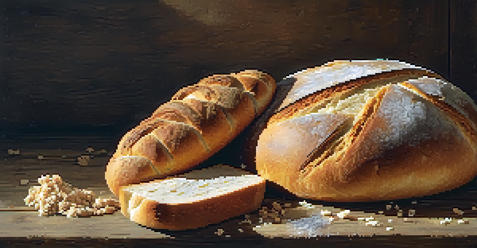 An assortment of homemade breads including a round loaf, sandwich bread, and slices with breadcrumbs on a rustic wooden table.