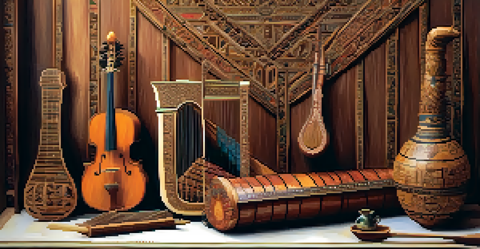 A collection of ancient musical instruments displayed on a wooden table, including a lyre and sitar, beautifully lit.