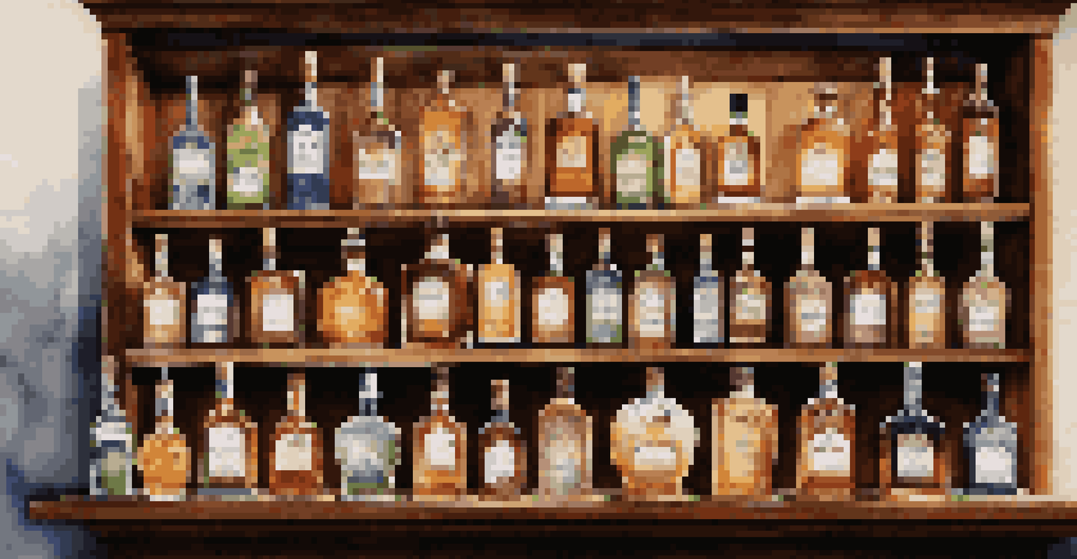 A wooden bar with various uniquely shaped bottles of distilled spirits, displaying different colors and textures under warm ambient lighting.
